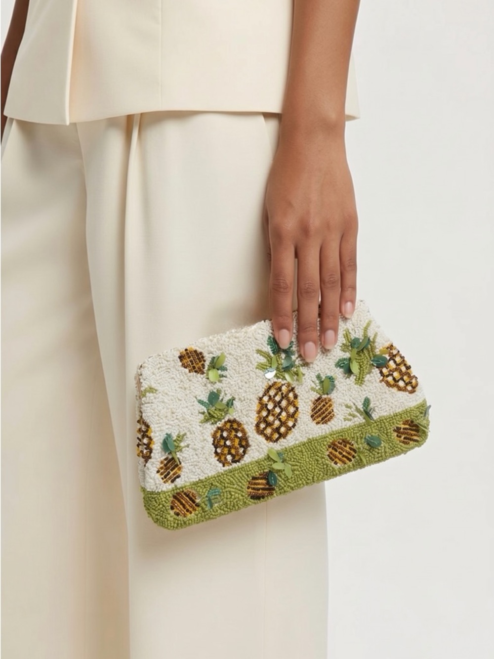 Beaded Pineapple Motif Clutch/Crossbody Bag - Green & White - Picture 12 of 15